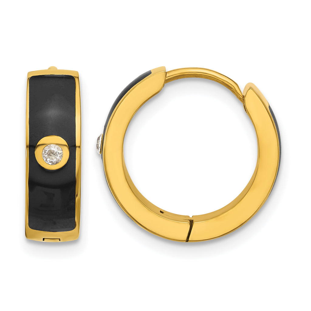 Stainless Steel Gold-Tone Enamel Polished Hinged Cubic Zirconia Hoop Earrings for Women
