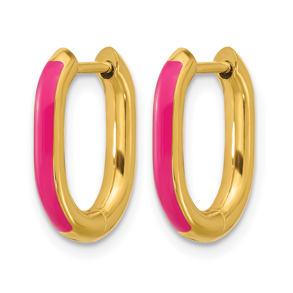 Polished Gold-Tone Pink Enamel Stainless Steel Hoop Earrings 12mm
