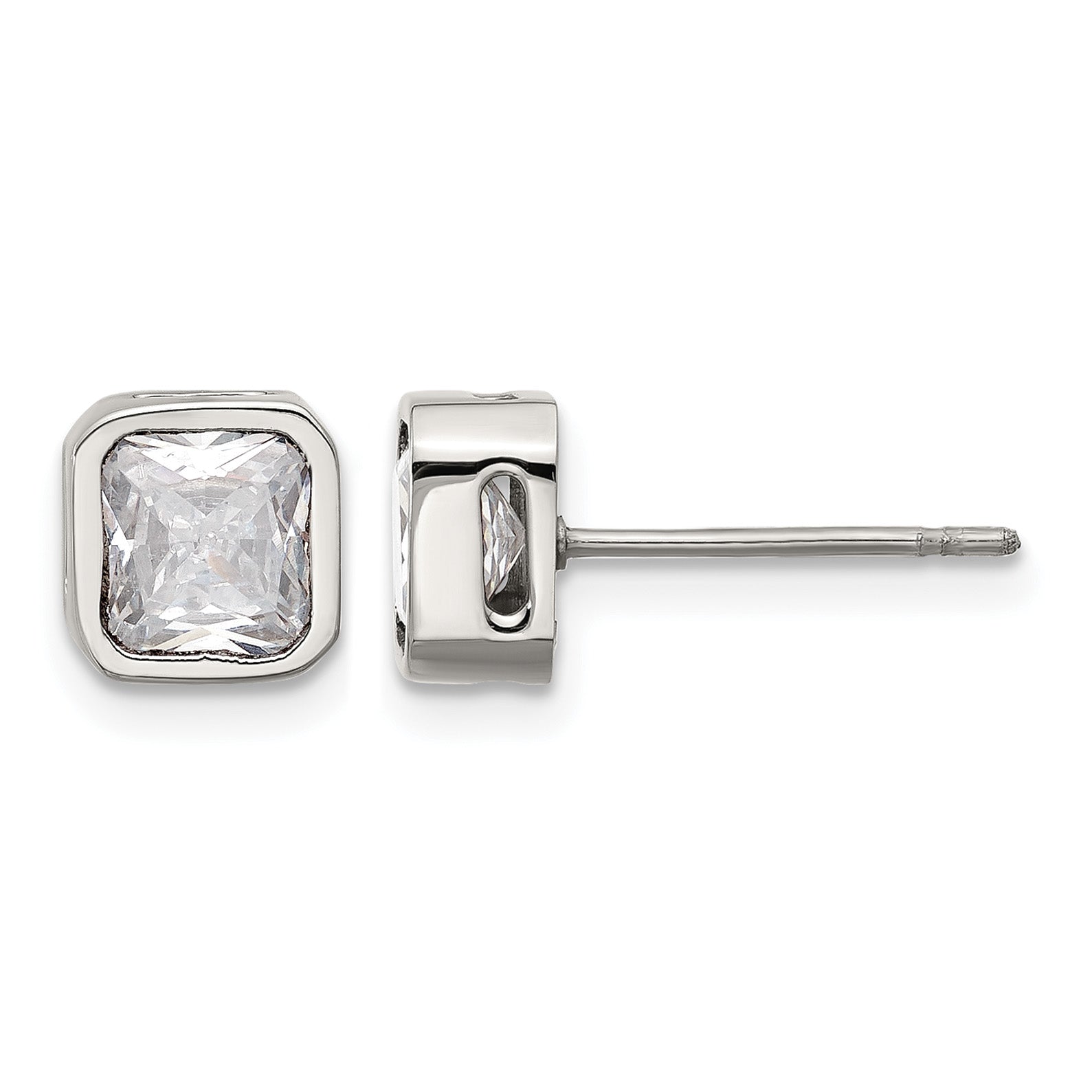 Stainless Steel Polished Square Cubic Zirconia Stud Earrings