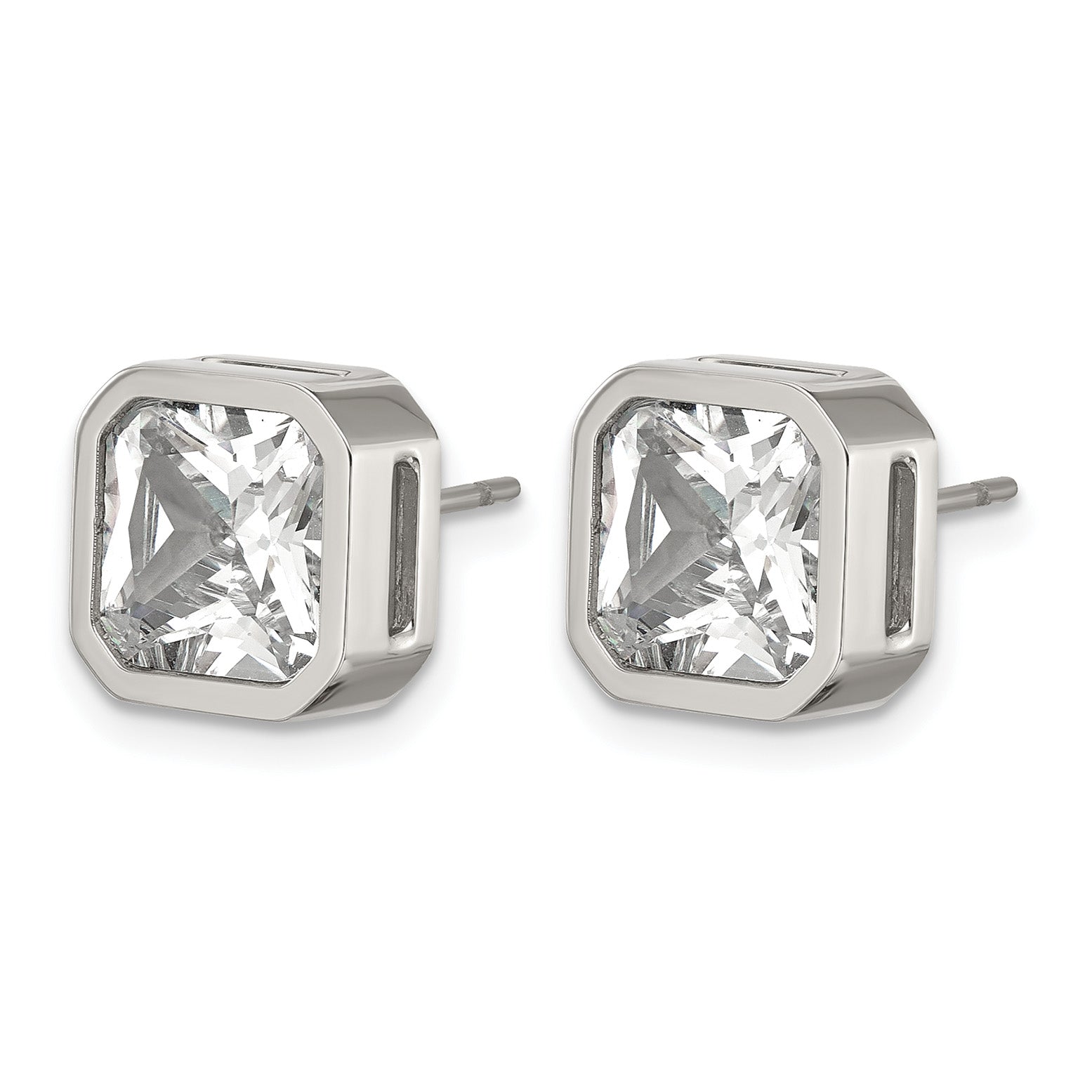 Polished Cubic Zirconia Stainless Steel Stud Earrings 8mm