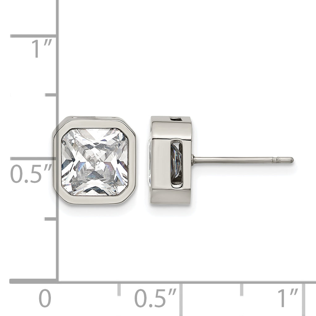Polished Cubic Zirconia Stainless Steel Stud Earrings 8mm