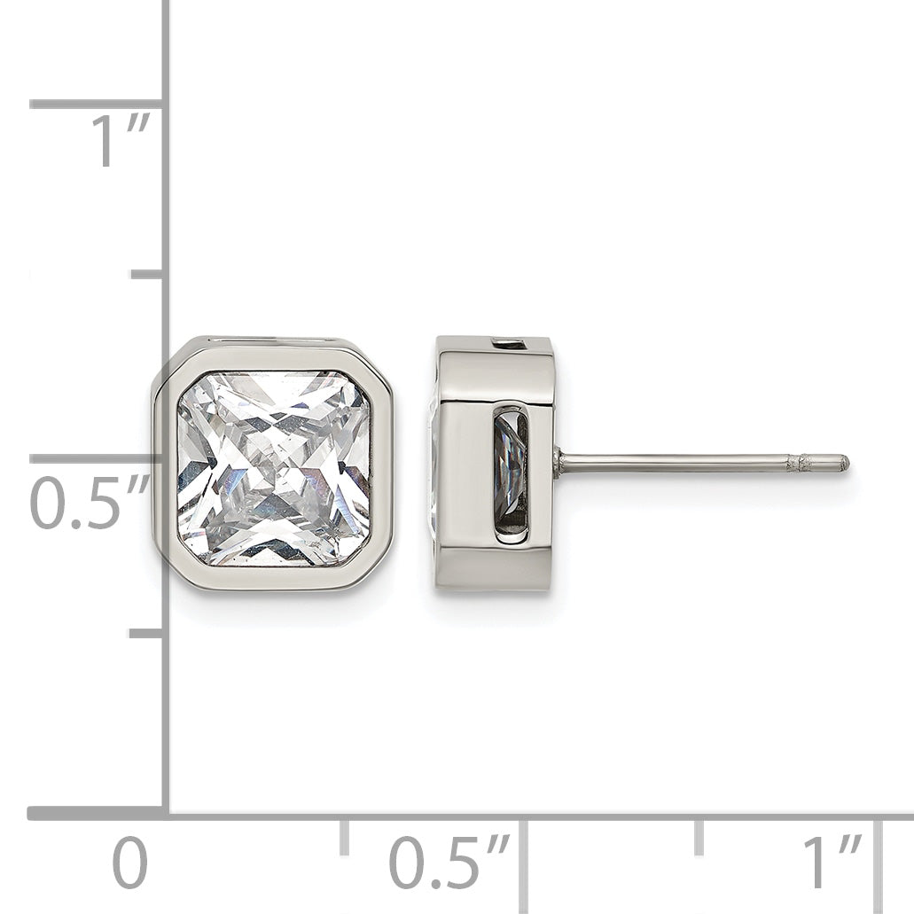 Polished Cubic Zirconia Stainless Steel Stud Earrings 8mm