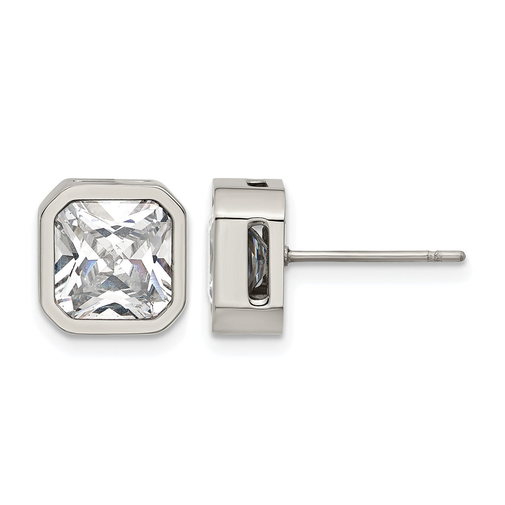 Polished Cubic Zirconia Stainless Steel Stud Earrings 8mm