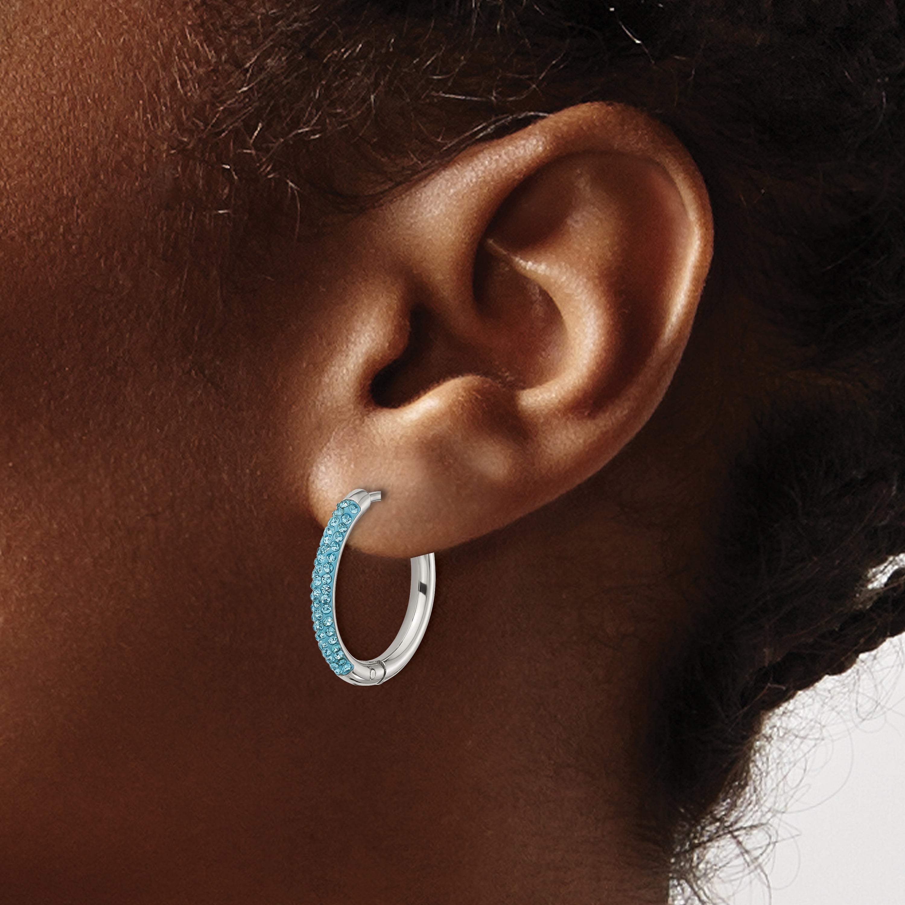 Stainless Steel Polished Blue Crystal Hoop Earrings for Women