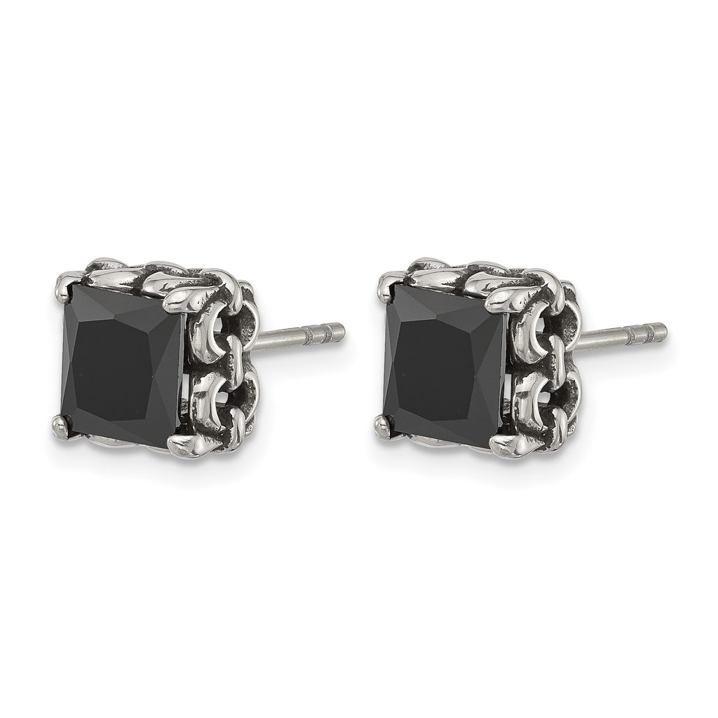 Stainless Steel Polished & Antiqued Square Black Cubic Zirconia Stud Earrings