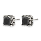 Stainless Steel Polished & Antiqued Square Black Cubic Zirconia Stud Earrings
