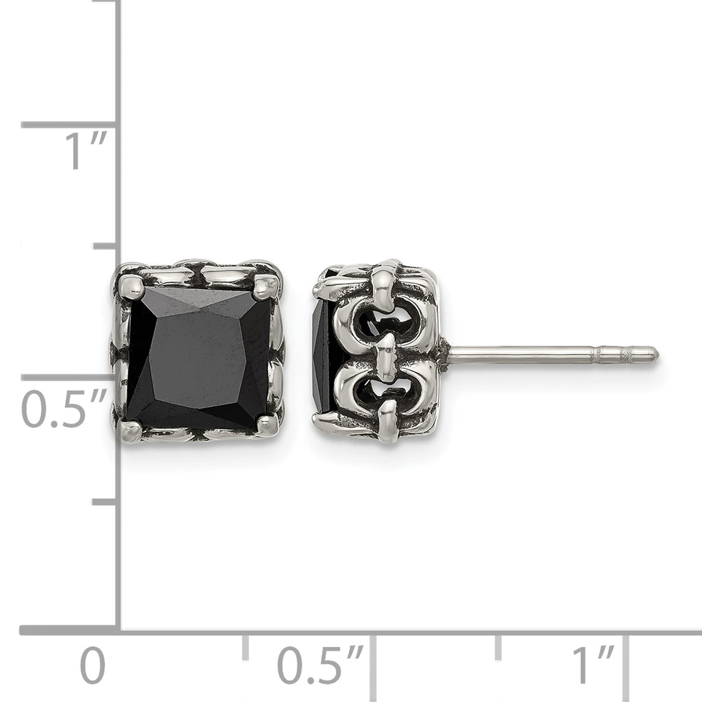 Stainless Steel Polished & Antiqued Square Black Cubic Zirconia Stud Earrings