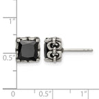 Stainless Steel Polished & Antiqued Square Black Cubic Zirconia Stud Earrings