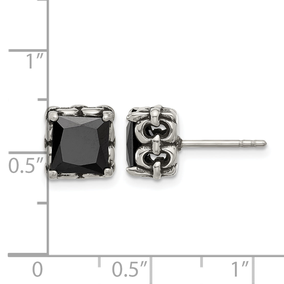 Stainless Steel Polished & Antiqued Square Black Cubic Zirconia Stud Earrings