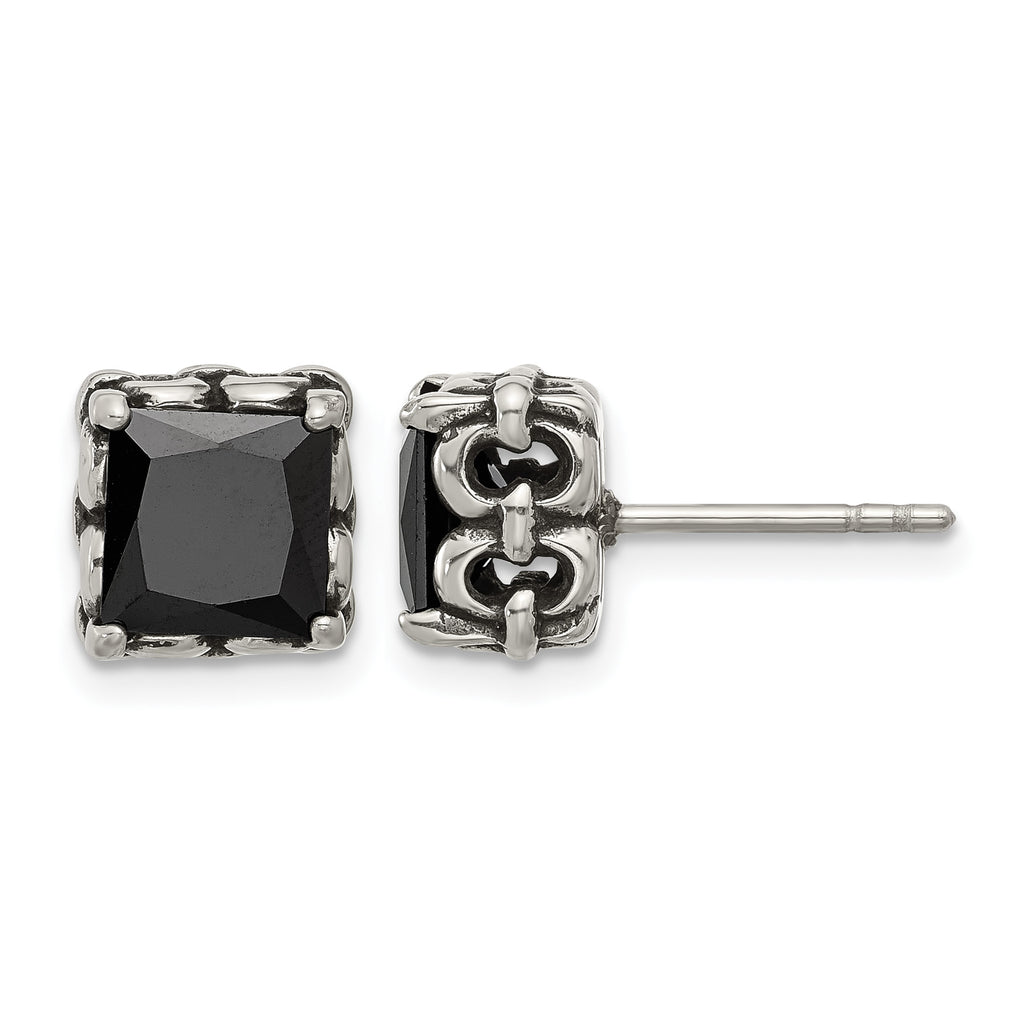 Stainless Steel Polished & Antiqued Square Black Cubic Zirconia Stud Earrings