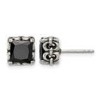 Stainless Steel Polished & Antiqued Square Black Cubic Zirconia Stud Earrings