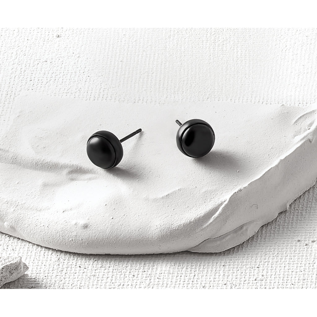 Stainless Steel Black Polished Agate Stud Earrings