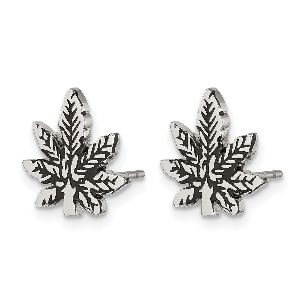 Stainless Steel Polished & Antiqued Leaf Button Earrings