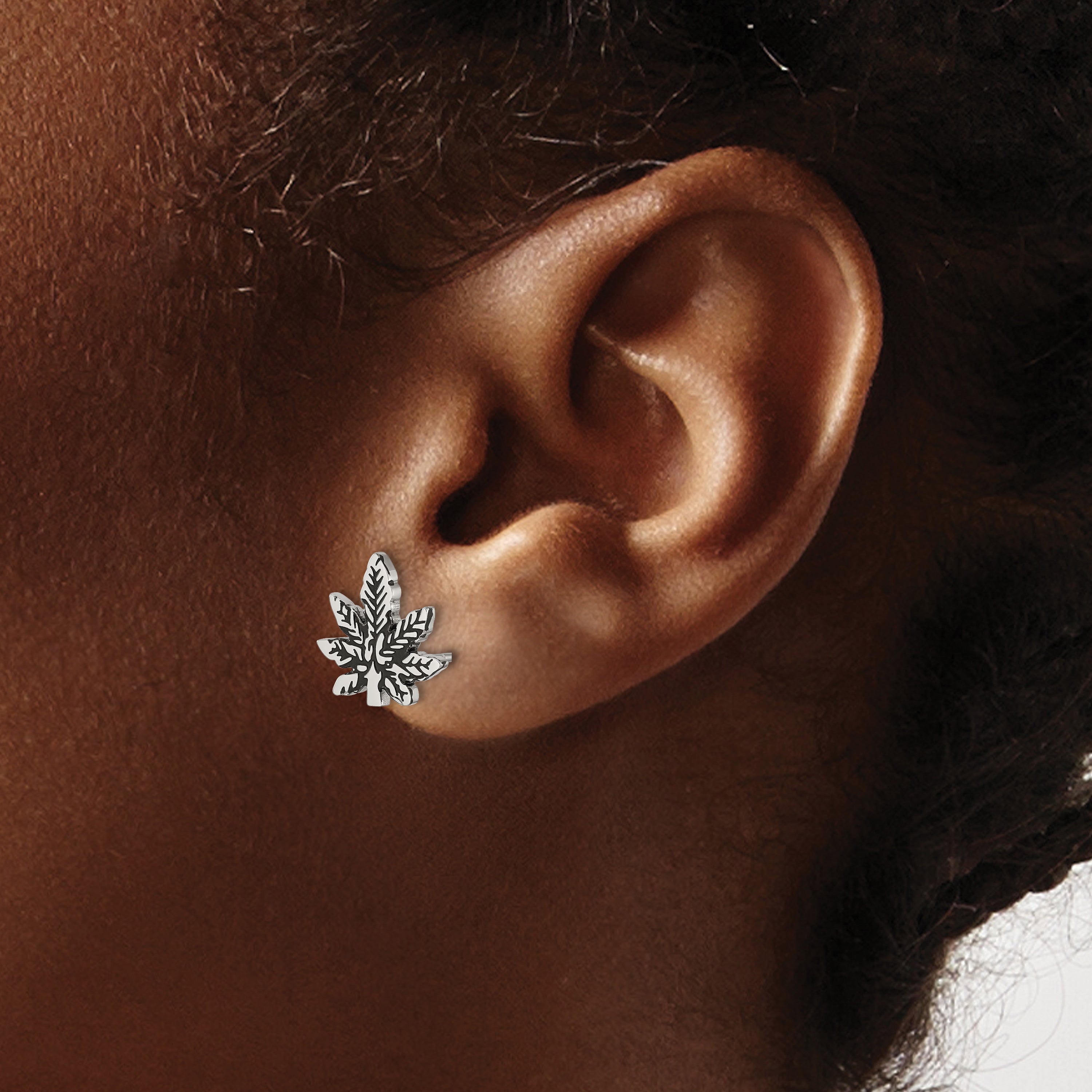 Antiqued Leaf Stainless Steel Button Earrings 11mm
