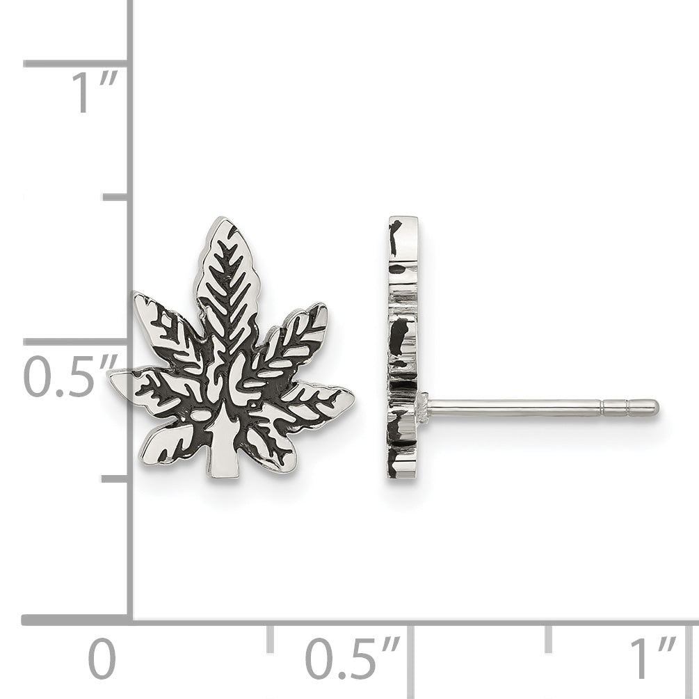 Antiqued Leaf Stainless Steel Button Earrings 11mm
