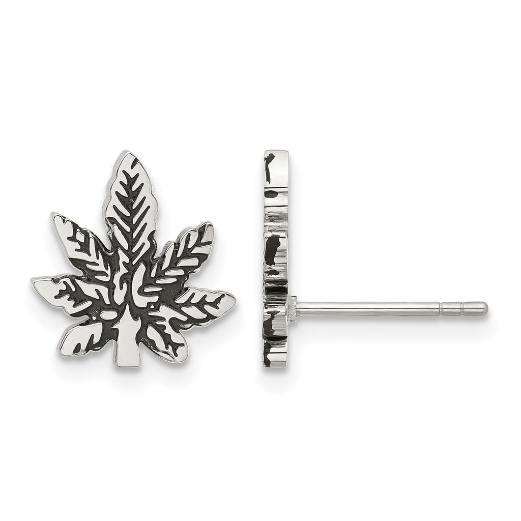 Stainless Steel Polished & Antiqued Leaf Button Earrings