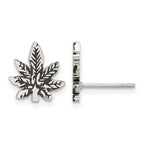 Stainless Steel Polished & Antiqued Leaf Button Earrings