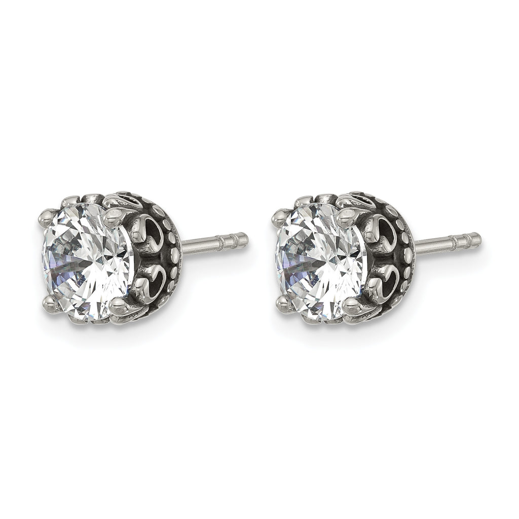 Stainless Steel Polished & Antiqued Cubic Zirconia Stud Earrings