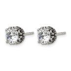 Stainless Steel Polished & Antiqued Cubic Zirconia Stud Earrings