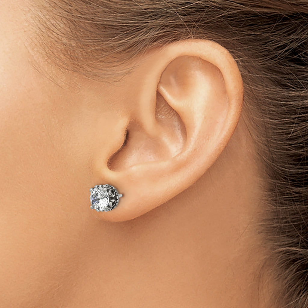Stainless Steel Polished & Antiqued Cubic Zirconia Stud Earrings