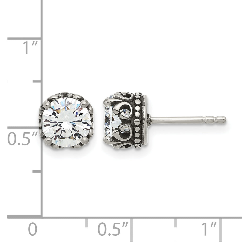 Stainless Steel Polished & Antiqued Cubic Zirconia Stud Earrings