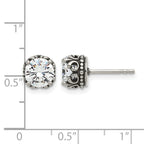 Stainless Steel Polished & Antiqued Cubic Zirconia Stud Earrings