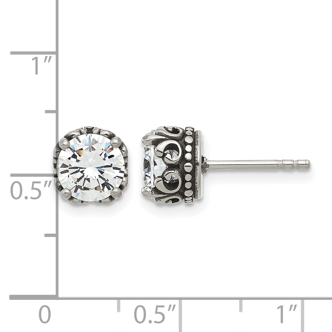 Stainless Steel Polished & Antiqued Cubic Zirconia Stud Earrings