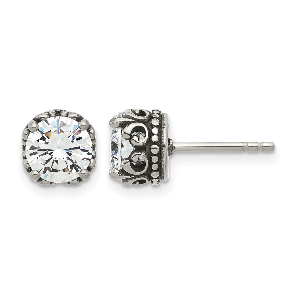 Stainless Steel Polished & Antiqued Cubic Zirconia Stud Earrings