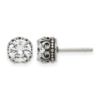 Stainless Steel Polished & Antiqued Cubic Zirconia Stud Earrings