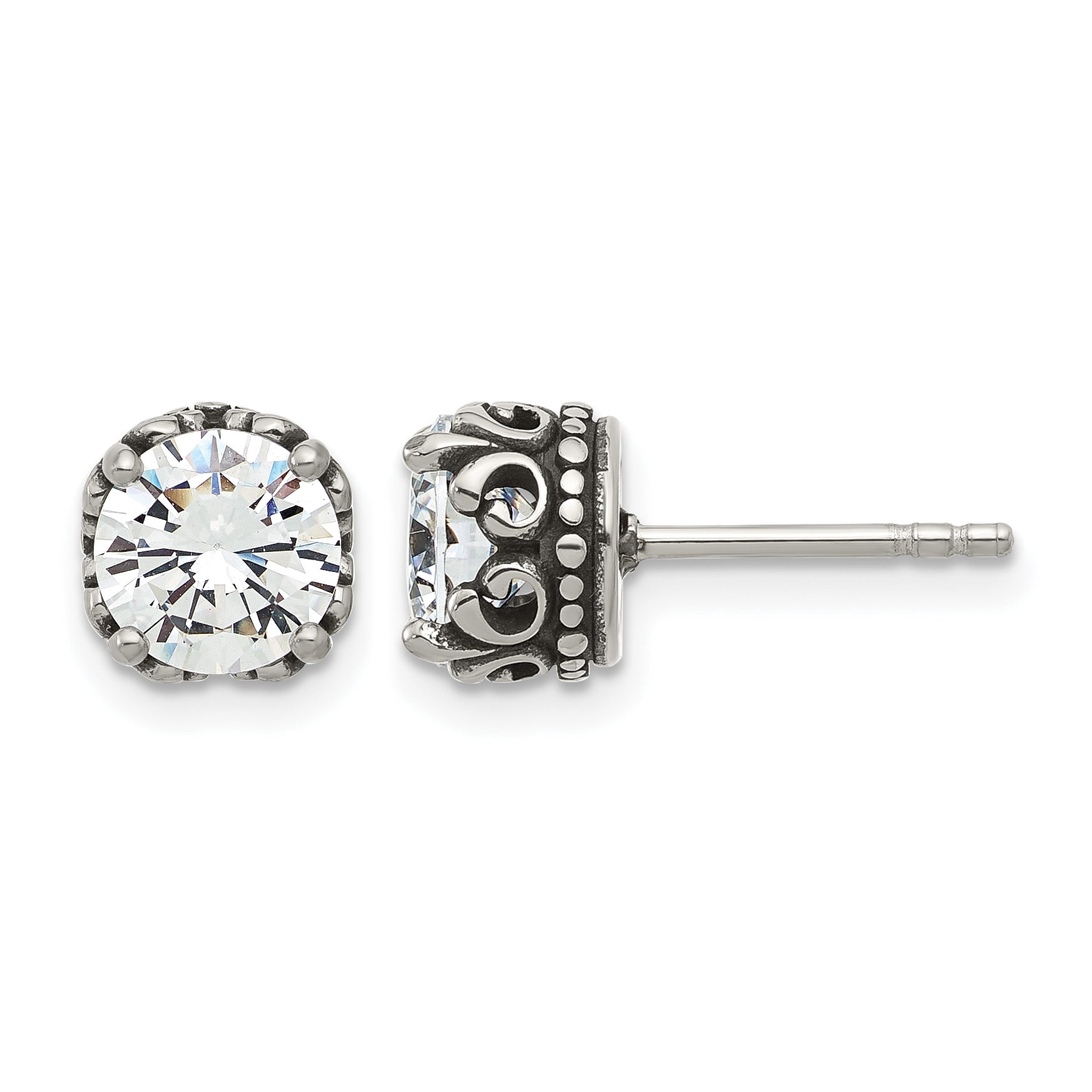 Stainless Steel Polished & Antiqued Cubic Zirconia Stud Earrings