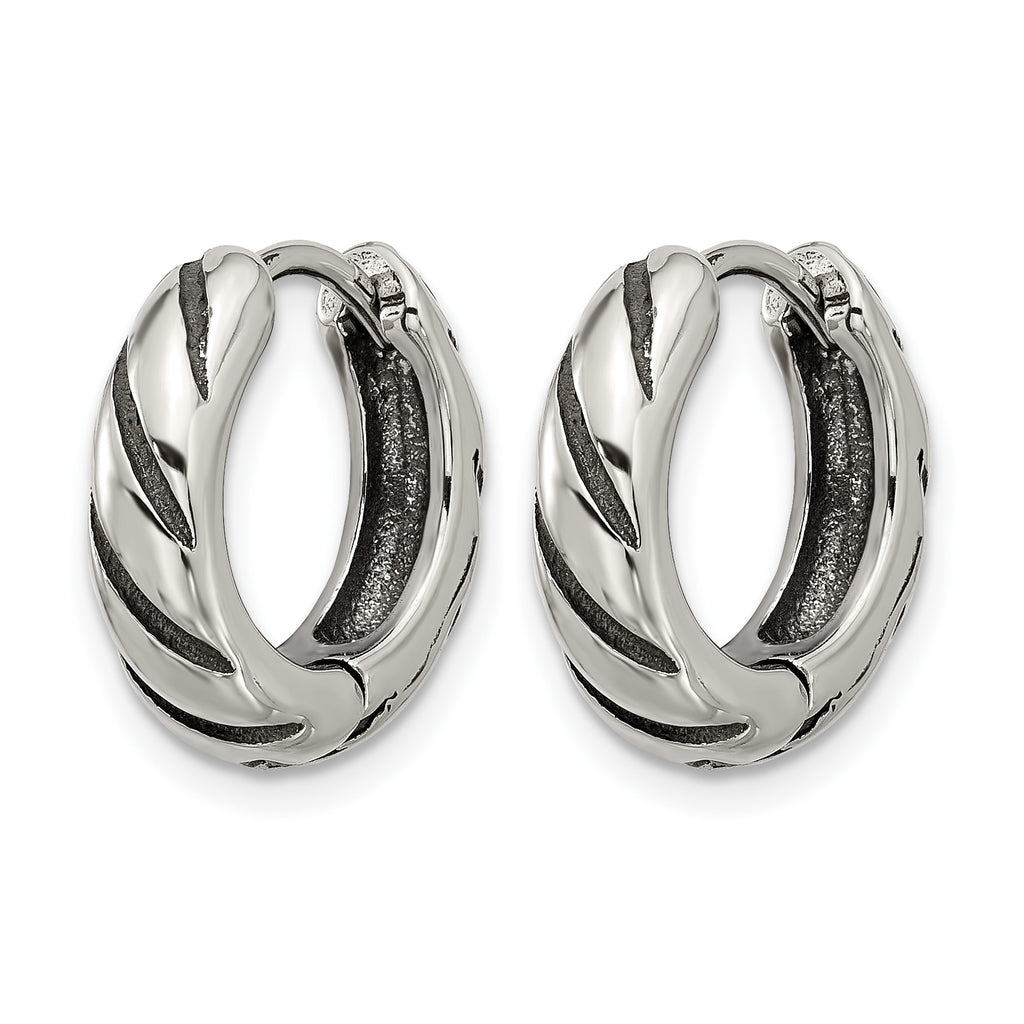 Stainless Steel Polished & Antiqued Hinged Hoop Earrings