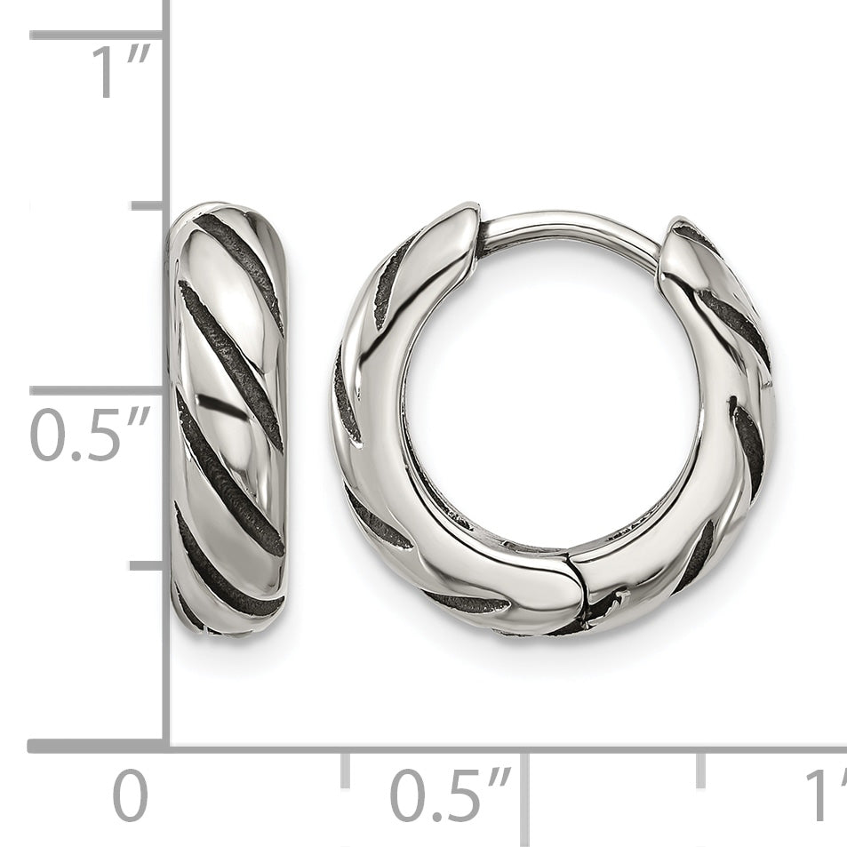 Stainless Steel Polished & Antiqued Hinged Hoop Earrings