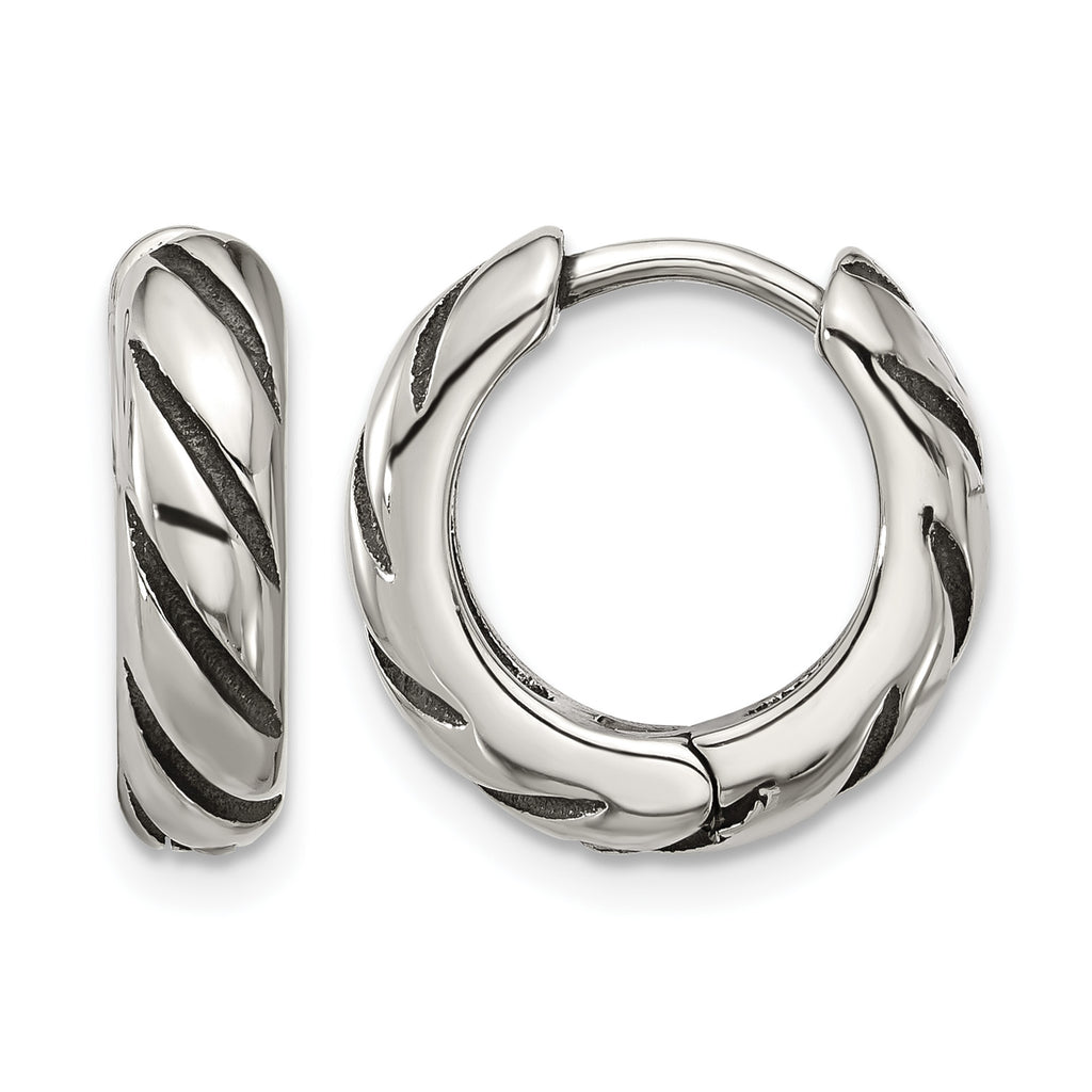 Stainless Steel Polished & Antiqued Hinged Hoop Earrings