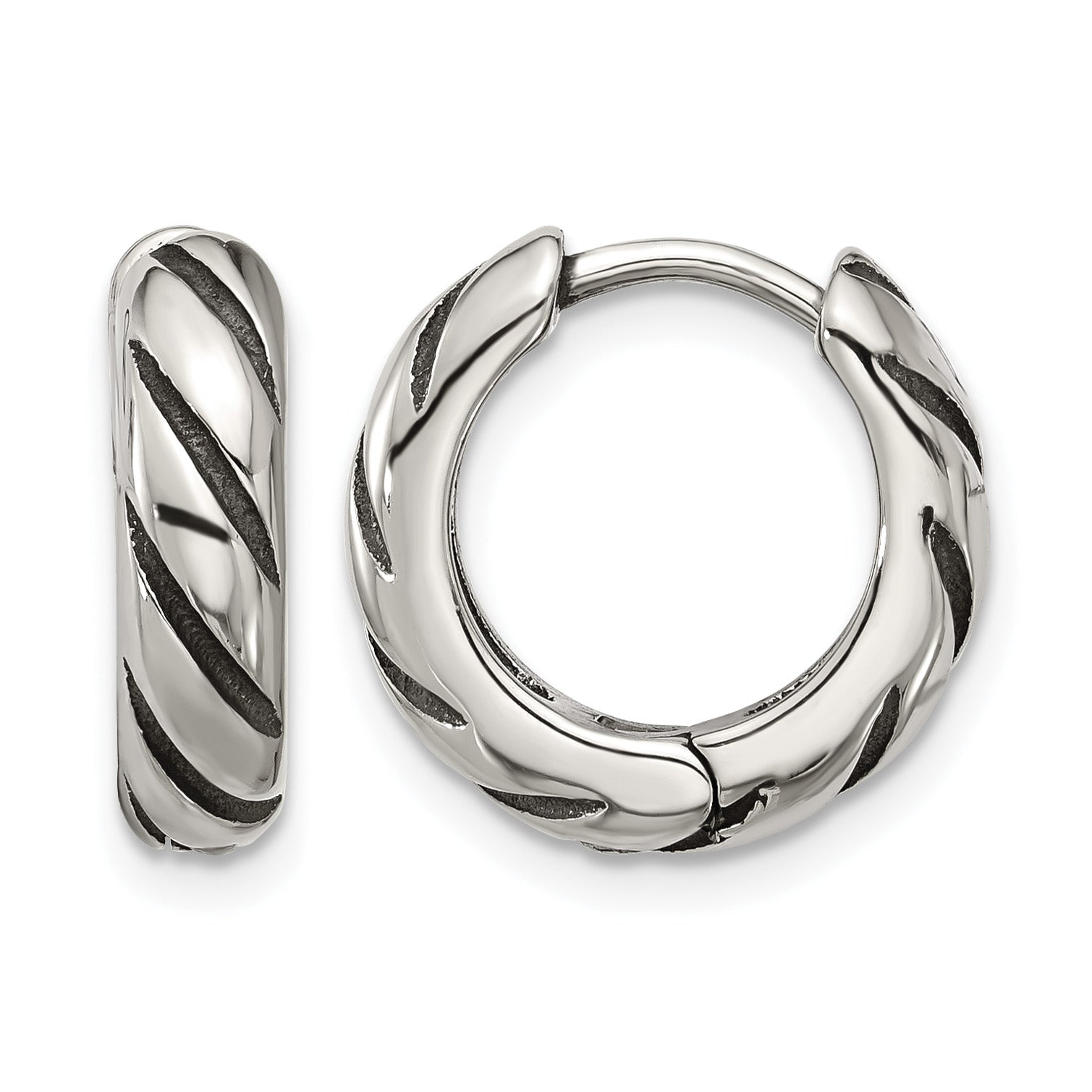 Stainless Steel Polished & Antiqued Hinged Hoop Earrings