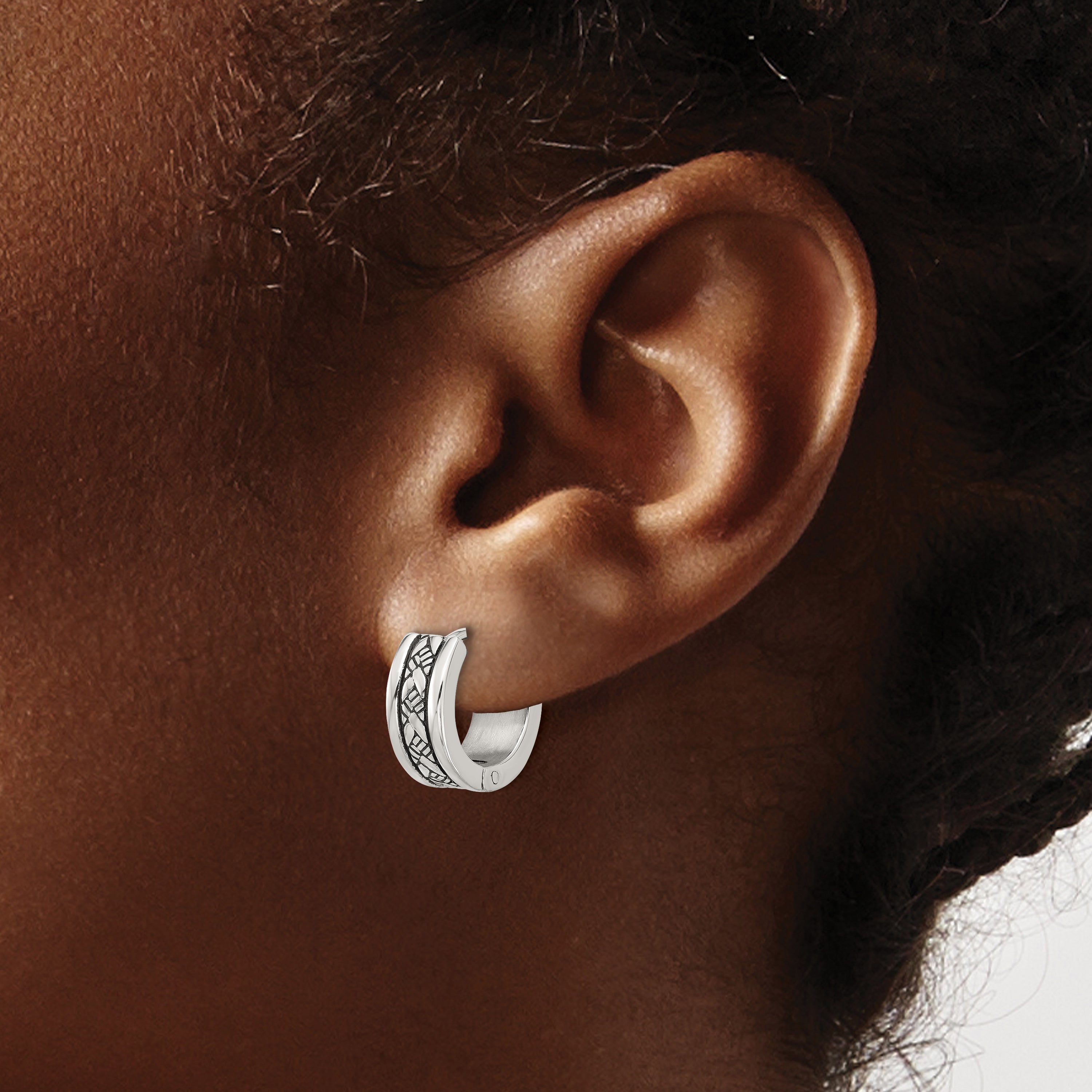 Stainless Steel Polished & Antiqued Hoop Earrings