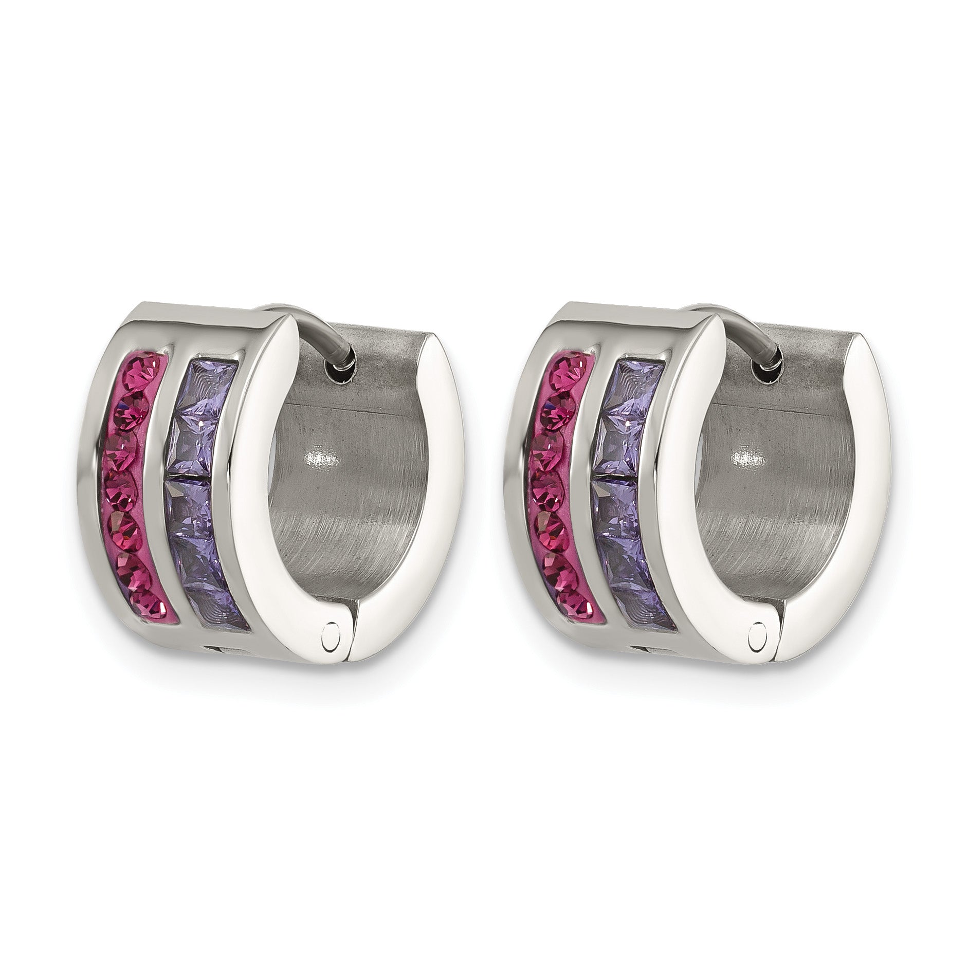 Stainless Steel Polished Purple Crystal Hoop Earrings for Women