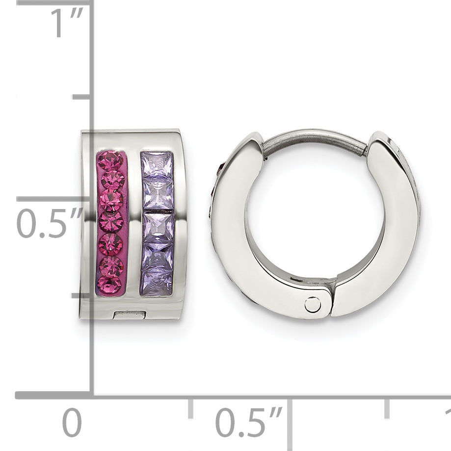 Stainless Steel Polished Purple Crystal Hoop Earrings for Women