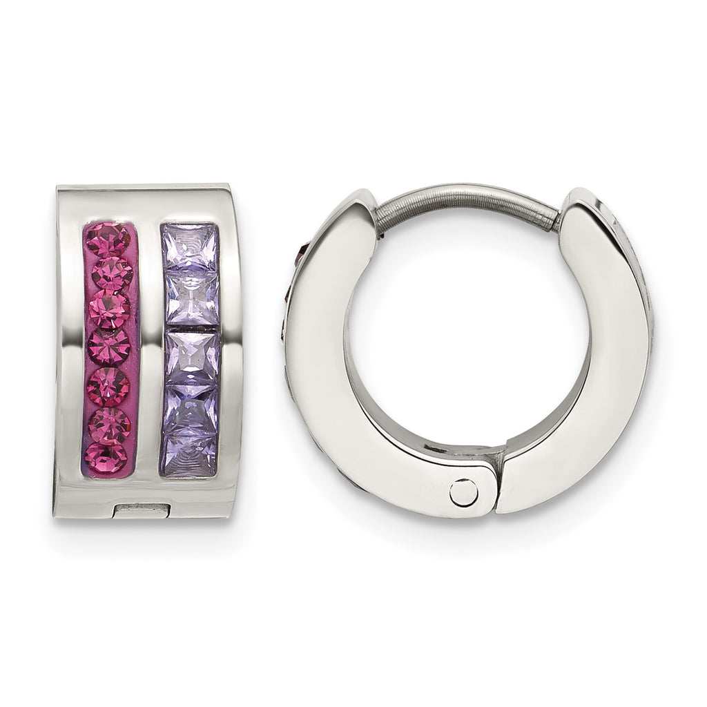 Stainless Steel Polished Purple Crystal Hoop Earrings for Women