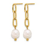Stainless Steel Gold-Tone Polished Pear Pearl Drop Dangle Earrings for Women