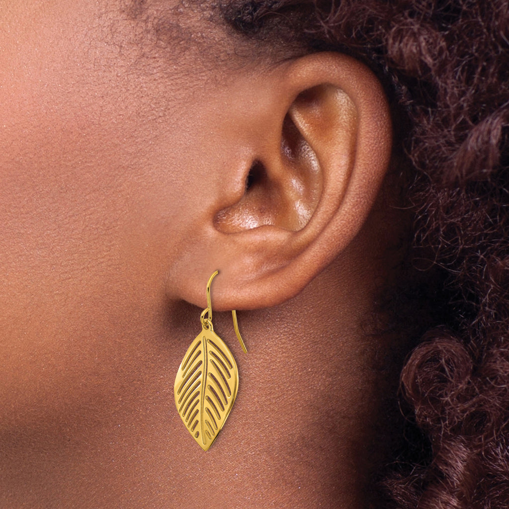 Stainless Steel Gold-Tone Polished Leaf Drop Dangle Earrings for Women