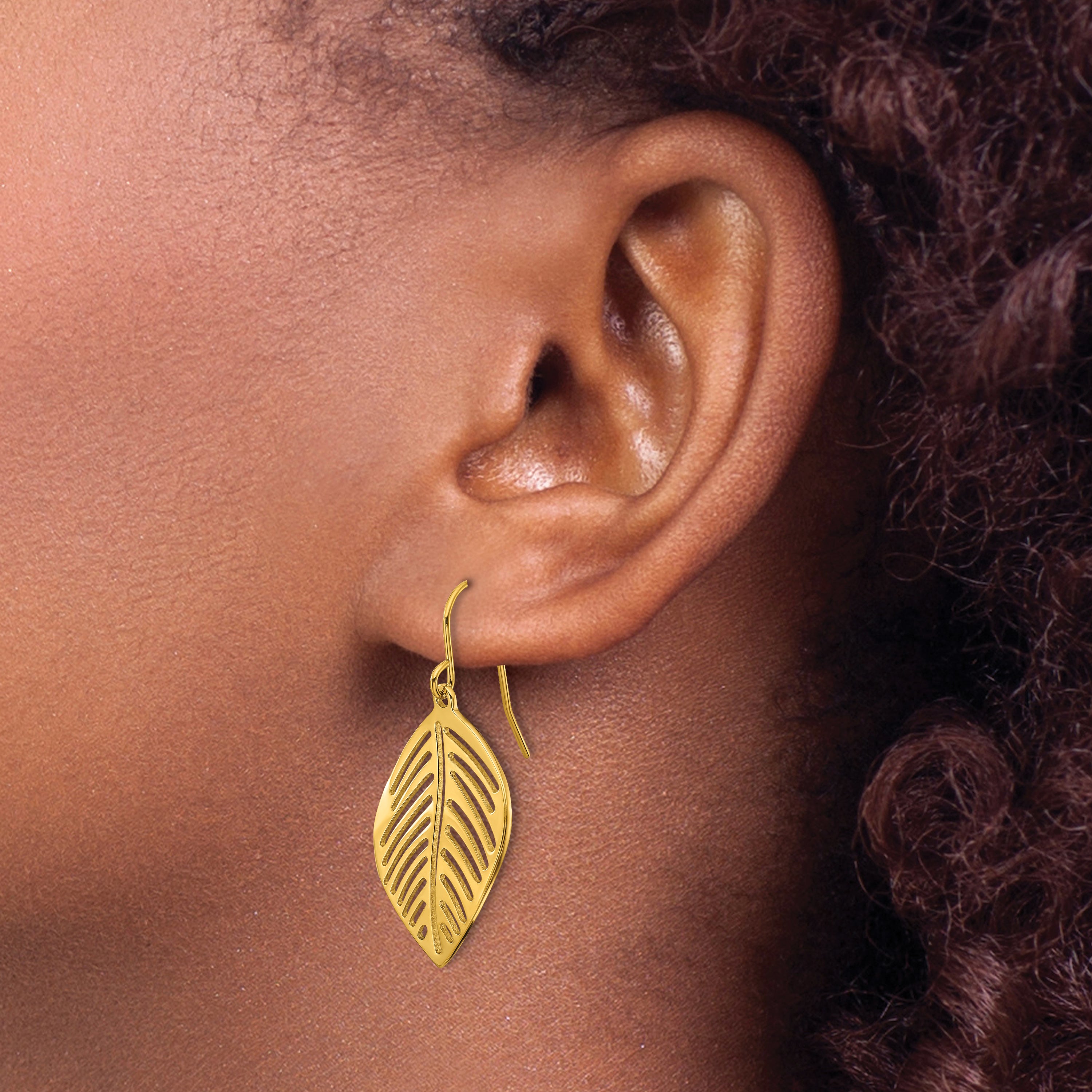 Stainless Steel Gold-Tone Polished Leaf Drop Dangle Earrings for Women