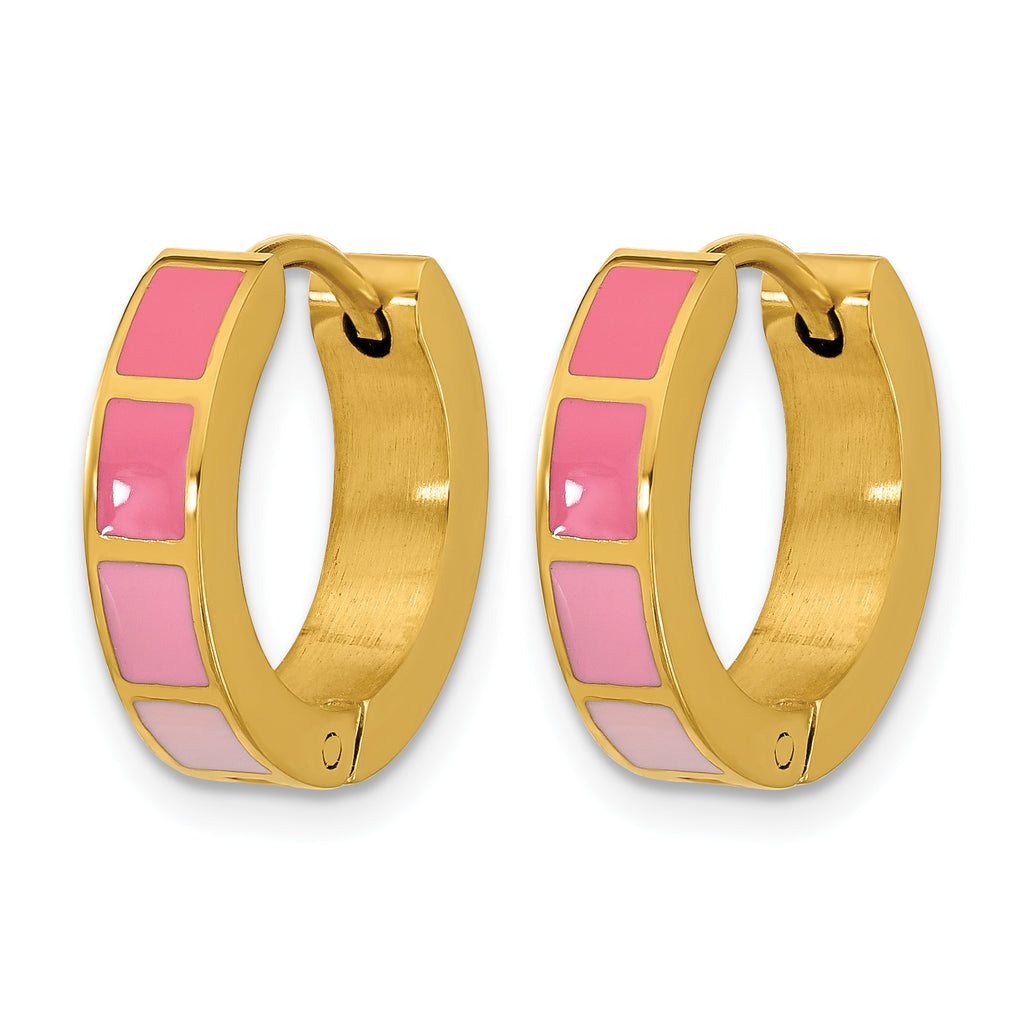 Stainless Steel Gold-Tone Enamel Polished Hinged Hoop Earrings for Women
