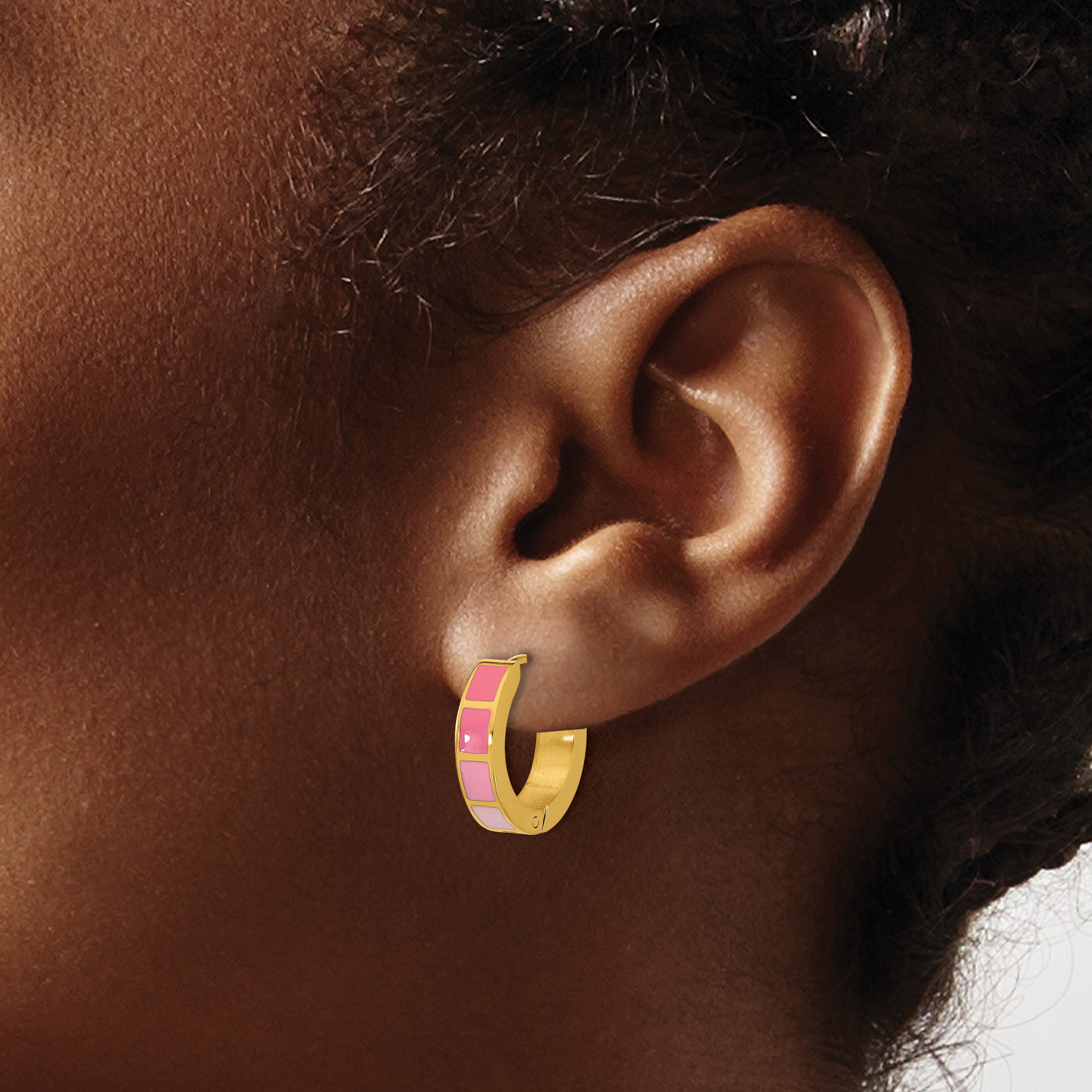 Stainless Steel Gold-Tone Enamel Polished Hinged Hoop Earrings for Women
