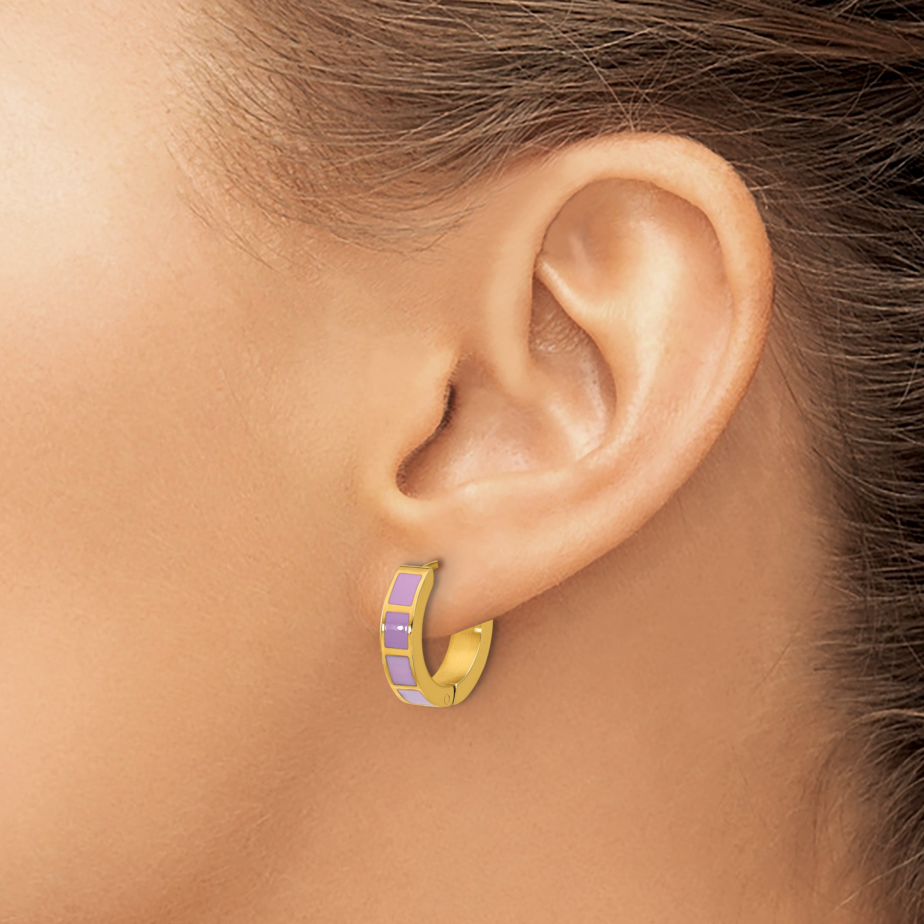 Stainless Steel Gold-Tone Enamel Polished Hinged Hoop Earrings for Women