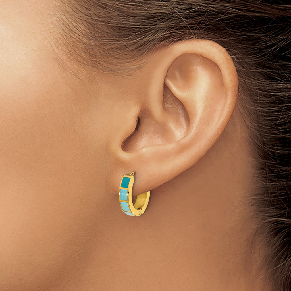 Stainless Steel Gold-Tone Enamel Polished Hinged Hoop Earrings for Women