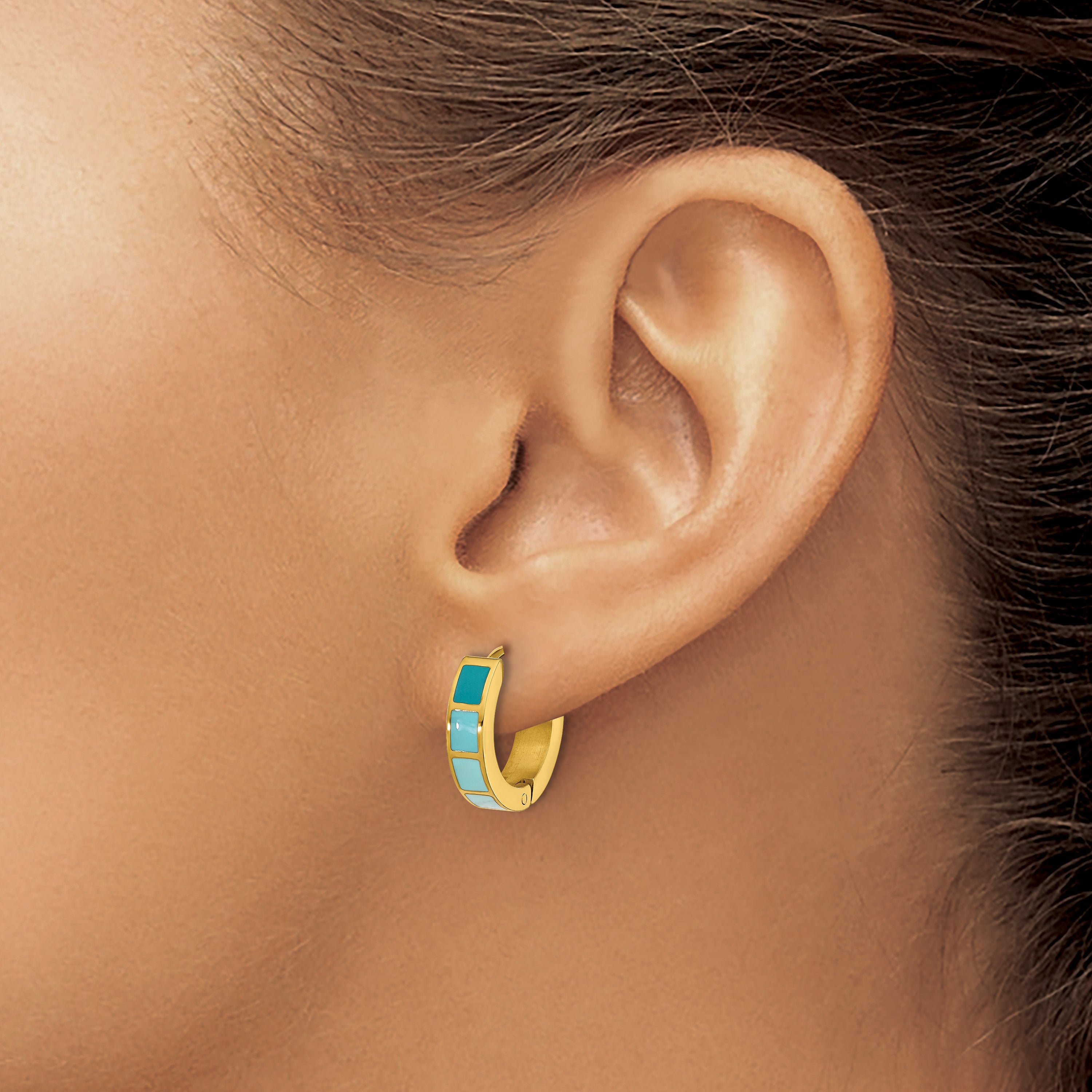 Stainless Steel Gold-Tone Enamel Polished Hinged Hoop Earrings for Women