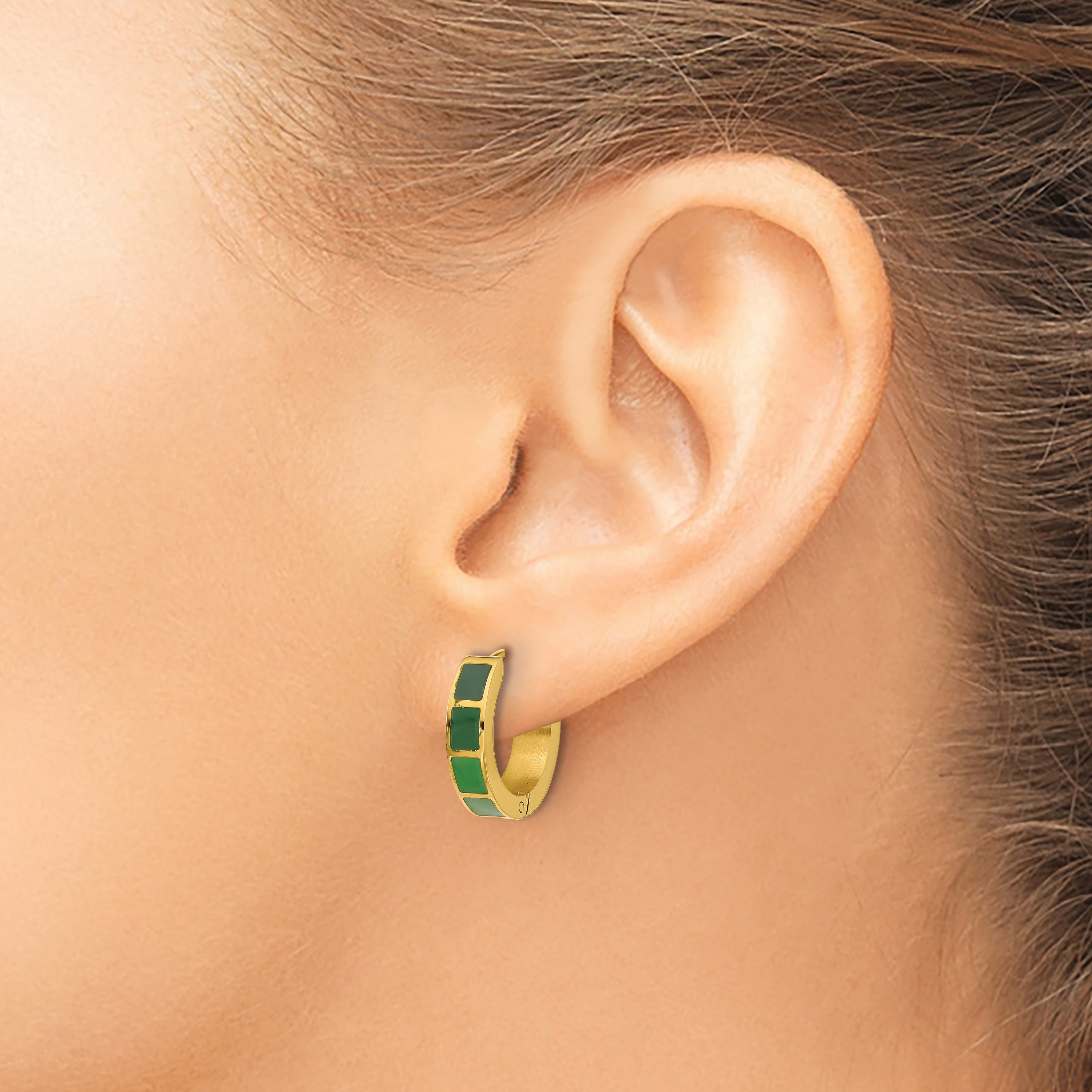 Stainless Steel Gold-Tone Enamel Polished Hinged Hoop Earrings for Women