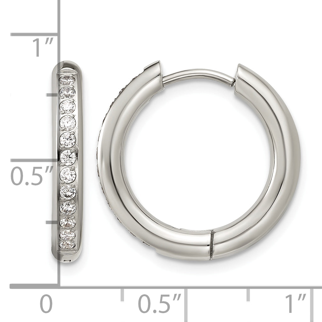 Polished Cubic Zirconia Stainless Steel Hoop Earrings 19.65mm