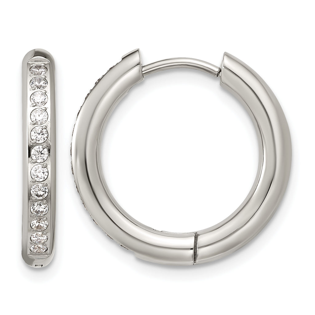 Polished Cubic Zirconia Stainless Steel Hoop Earrings 19.65mm