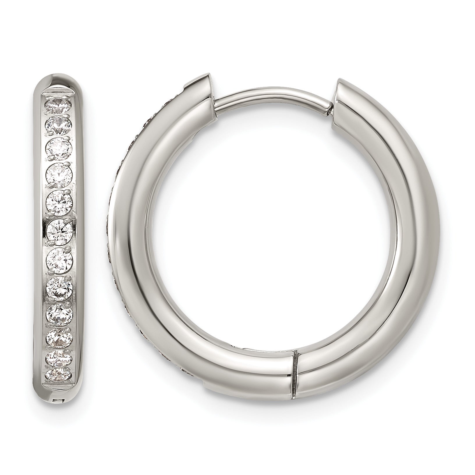 Polished Cubic Zirconia Stainless Steel Hoop Earrings 19.65mm